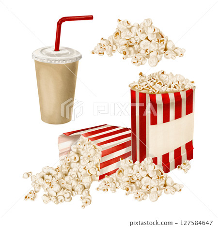 Set of illustrations with popcon.Snack in paper bags. Drink in paper cup with straw. Popcorn spilled. Snack packaging in red stripes. Watercolor illustration isolated from background. Hand drawn.  127584647