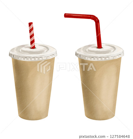 Set of paper cups with plastic lids and red straws. White striped straw. Tableware for street food. Watercolor illustration isolated from background. Hand drawing. High quality illustration 127584648