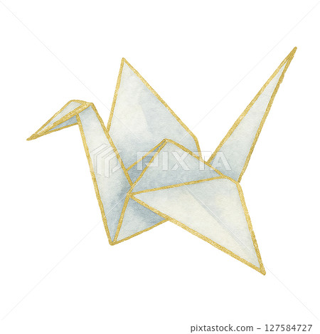 帶有金色邊框的精美白色摺紙鶴插圖（剪紙，日式風格，優雅） 127584727