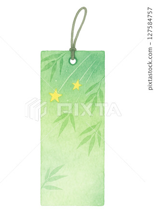 水彩風格的七夕短冊插圖（竹子和星星、綠色漸變、白色背景、剪切素材） 127584757