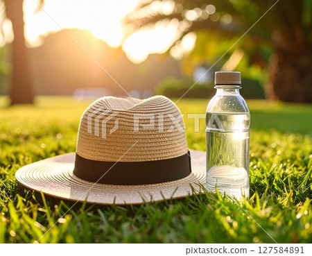 Summer break: straw hat and sports drink on the shady grass - refreshing on a hot day 127584891