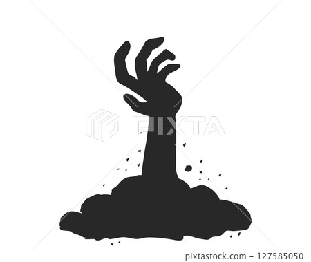 Spooky zombie hand silhouette rising from the ground on Halloween night. Vector horror element for scary design. Creepy Halloween hand silhouette reaching up from the graveyard soil 127585050