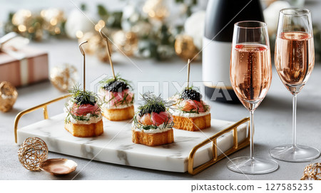 Delight in this premium food display featuring elegant appetizers and sparkling drinks perfect for celebrations 127585235