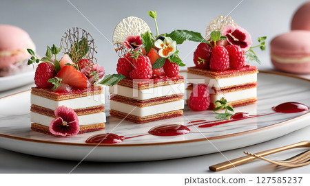 Delight this premium food presentation featuring exquisite layered desserts adorned with fresh raspberries and vibrant flowers 127585237