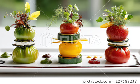 Gourmet premium food presentation featuring stacked colorful tomatoes and vegetables garnished with fresh herbs 127585238