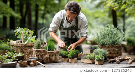 passionate gardener tends to premium herbs and plants in serene outdoor setting, showcasing beauty of nature and food 127585243