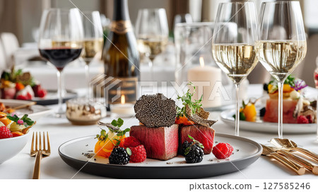 premium food experience featuring exquisite dishes beautifully plated with vibrant garnishes and elegant table settings premium food experience featuring exquisite dishes beautifully plated with vibrant garnishes and elegant table settings 127585246