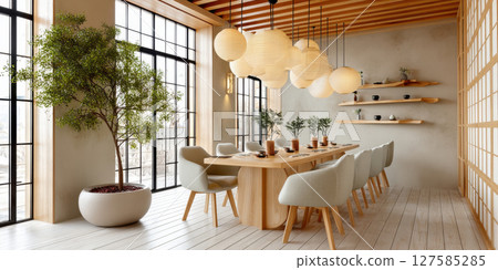 premium dining room featuring modern decor and natural elements creates warm atmosphere for enjoying food with family premium dining room featuring modern decor and natural elements creates warm atmosphere for enjoying food with family 127585285
