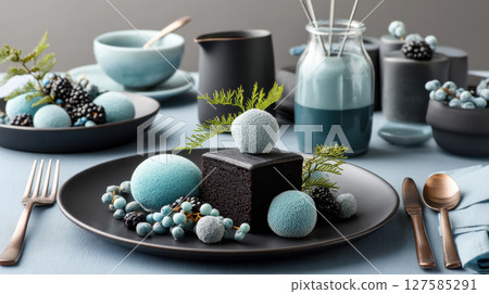 premium food arrangement featuring dark chocolate cake surrounded by vibrant blue desserts and fresh blackberries creates 127585291