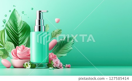 refreshing cosmetic bottle surrounded by vibrant flowers and leaves creates serene atmosphere perfect for beauty products refreshing cosmetic bottle surrounded by vibrant flowers and leaves creates serene atmosphere perfect for beauty products 127585414