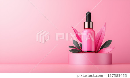 vibrant cosmetic bottle stands elegantly on pink pedestal surrounded by lush leaves creating fresh and inviting atmosphere 127585453