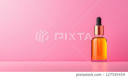 beautiful cosmetic oil bottle stands elegantly against soft pink background showcasing its vibrant color and sleek design 127585454