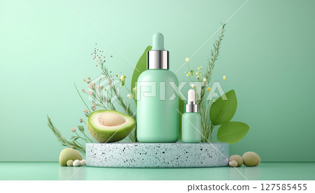 Aesthetic cosmetic bottles green tones are beautifully arranged with avocado and natural elements creating serene atmosphere 127585455