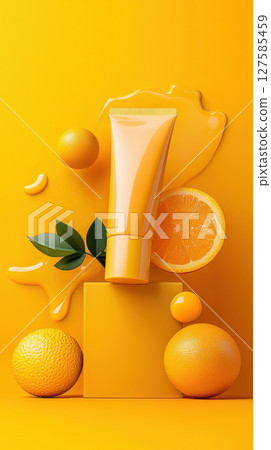 Bright and vibrant cosmetic product displayed with oranges and yellow elements creating fresh and lively atmosphere 127585459
