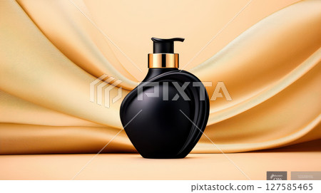 Luxurious cosmetic bottle with sleek design against soft fabric backdrop, perfect for enhancing beauty routines 127585465