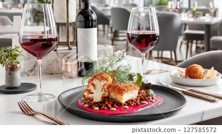 premium food experience featuring beautifully plated cauliflower with lentils and vibrant sauce, complemented by red wine 127585572
