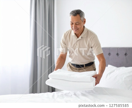 Senior man working as a bedmaking staff 127585585
