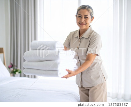 Senior woman working as a bedmaking staff 127585587