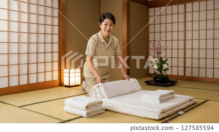 Senior woman working as a bedmaking staff 127585594
