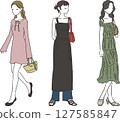 Illustration material of a woman wearing a summer one-piece fashion (3 people, full body, stylish, simple) 127585847