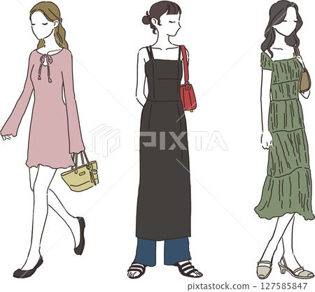 Illustration material of a woman wearing a summer one-piece fashion (3 people, full body, stylish, simple) 127585847