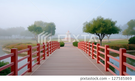 [橋景] 公園裡橫跨池塘的紅色橋樑 127585869