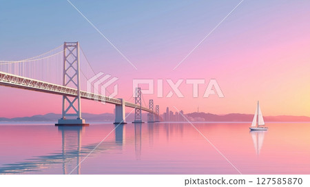 【有橋的風景】夕陽下的巨大吊橋 127585870