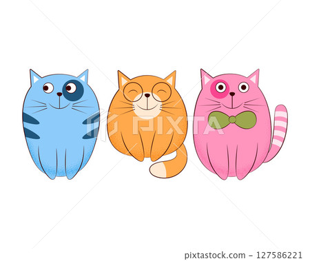 Cats. Cute cats in cartoon style. Three funny kittens of different colors. Funny cats. Vector illustration on a white background Cats. Cute cats in cartoon style. Three funny kittens of different colors. Funny cats. Vector illustration on a white background 127586221