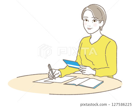 中老年女性保存家庭帳簿、銀行存摺、儲蓄、資產管理、商業、人生規劃、向量 127586225