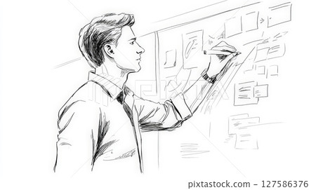 Minimal Line Art of Young Man Brainstorming on Whiteboard. Generative AI 127586376