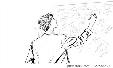 Minimal Line Art of Young Man Brainstorming on Whiteboard. Generative AI 127586377