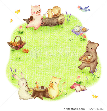 Background of animals eating sweets in a green field Hand-drawn colored pencil drawing 127586460