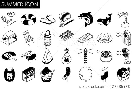 夏季圖標集（海洋、露營、夏季節日等）的簡單線條藝術插圖、夏季等距插圖 127586578