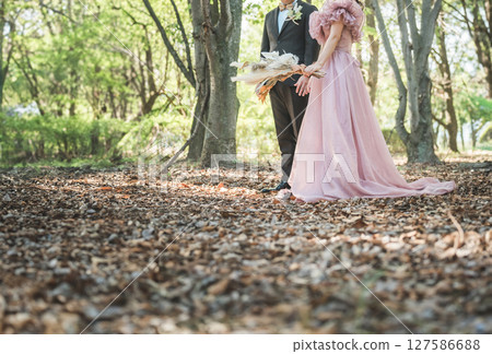 Couple taking wedding photos in pink dresses Couple taking wedding photos in pink dresses 127586688