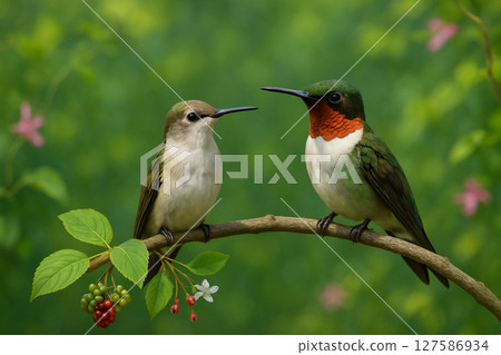 AI generated image of male and female rubythroated hummingbirds perched on a branch in a lush forest setting with soft daylight and vibrant natural details AI generated image of male and female rubythroated hummingbirds perched on a branch in a lush forest setting with soft daylight and vibrant natural details 127586934