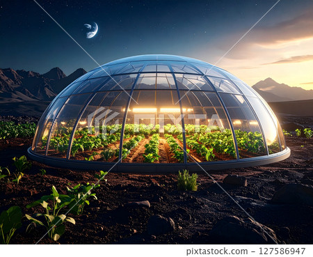 AI generated futuristic space agriculture in a large glass dome on the moon or other planets showing advanced farming of crops and livestock solving Earths environmental and food resource problems 127586947