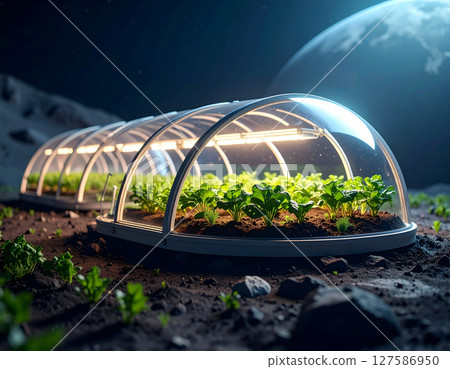 AI generated futuristic space agriculture in a large glass dome on the moon or other planets showing advanced farming of crops and livestock solving Earths environmental and food resource problems 127586950