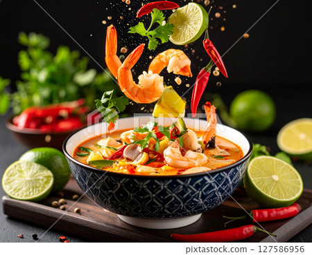 AI generated vibrant tom yum goong Thai soup ingredients and spices falling into traditional Thai patterned bowl aromatic herbs spicy sour soup Asian cuisine cooking fresh healthy authentic 127586956