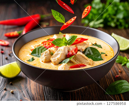 AI generated aromatic thai panang curry with chicken fresh ingredients and spices falling into traditional thai bowl rich creamy coconut milk spicy herbs asian cuisine authentic flavor AI generated aromatic thai panang curry with chicken fresh ingredients and spices falling into traditional thai bowl rich creamy coconut milk spicy herbs asian cuisine authentic flavor 127586958