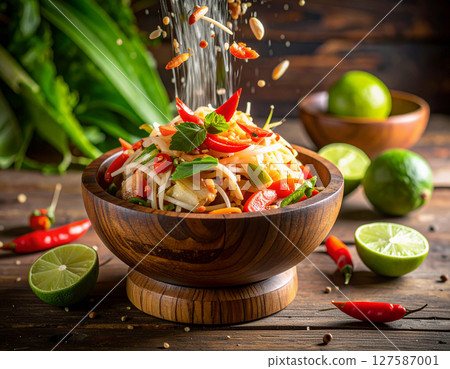 AI generated authentic thai som tum pu spicy crab papaya salad with fresh ingredients falling into wooden mortar bold flavors crunchy texture iconic street food 127587001