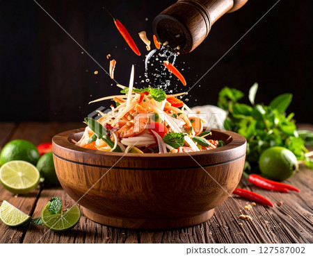 AI generated authentic thai som tum pu spicy crab papaya salad with fresh ingredients falling into wooden mortar bold flavors crunchy texture iconic street food 127587002