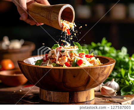AI generated authentic thai som tum pu spicy crab papaya salad with fresh ingredients falling into wooden mortar bold flavors crunchy texture iconic street food 127587003