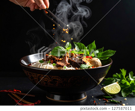 AI generated rich thai boat noodles with fresh ingredients falling into ornate thai bowl dark aromatic broth pork blood rice noodles authentic street food 127587011