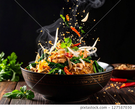 AI generated sizzling thai pad pak boong fai daeng with fresh ingredients falling into ornate thai bowl crispy water spinach garlic chili oyster sauce 127587030