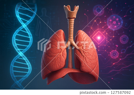 AI generated digital artwork combining lungs diaphragm larynx with DNA and abstract biotech visuals highlighting futuristic anatomy and data integration in medical science 127587092
