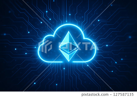 AI generated futuristic scene with Ethereum symbol glowing cloud and digital circuits representing seamless data flow secure processing and advanced cloud computing in a sci fi digital network AI generated futuristic scene with Ethereum symbol glowing cloud and digital circuits representing seamless data flow secure processing and advanced cloud computing in a sci fi digital network 127587135