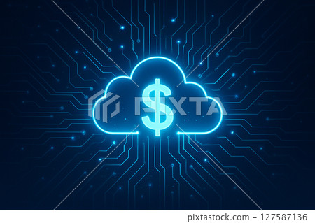 AI generated realistic image with dollar symbol glowing cloud and digital circuits representing financial data flow seamless connection and secure futuristic cloud based computing environment 127587136