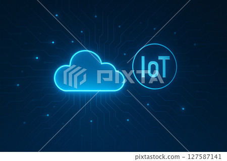 AI generated sci fi illustration showing glowing cloud icon symbolizing IoT and data processing with blue light circuits and multiple connected data nodes representing seamless modern computing 127587141