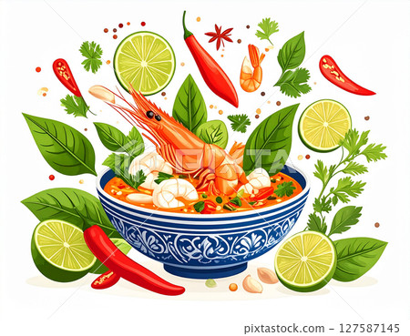 AI generated vibrant tom yum goong Thai soup ingredients and spices falling into traditional Thai patterned bowl aromatic herbs spicy sour soup Asian cuisine cooking fresh healthy authentic AI generated vibrant tom yum goong Thai soup ingredients and spices falling into traditional Thai patterned bowl aromatic herbs spicy sour soup Asian cuisine cooking fresh healthy authentic 127587145
