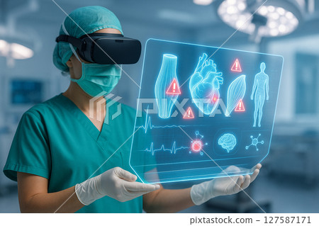 AI generated female surgeon using VR headset and transparent tablet displaying glowing 3D hologram of human muscles and vital signs in a clean futuristic operating room 127587171
